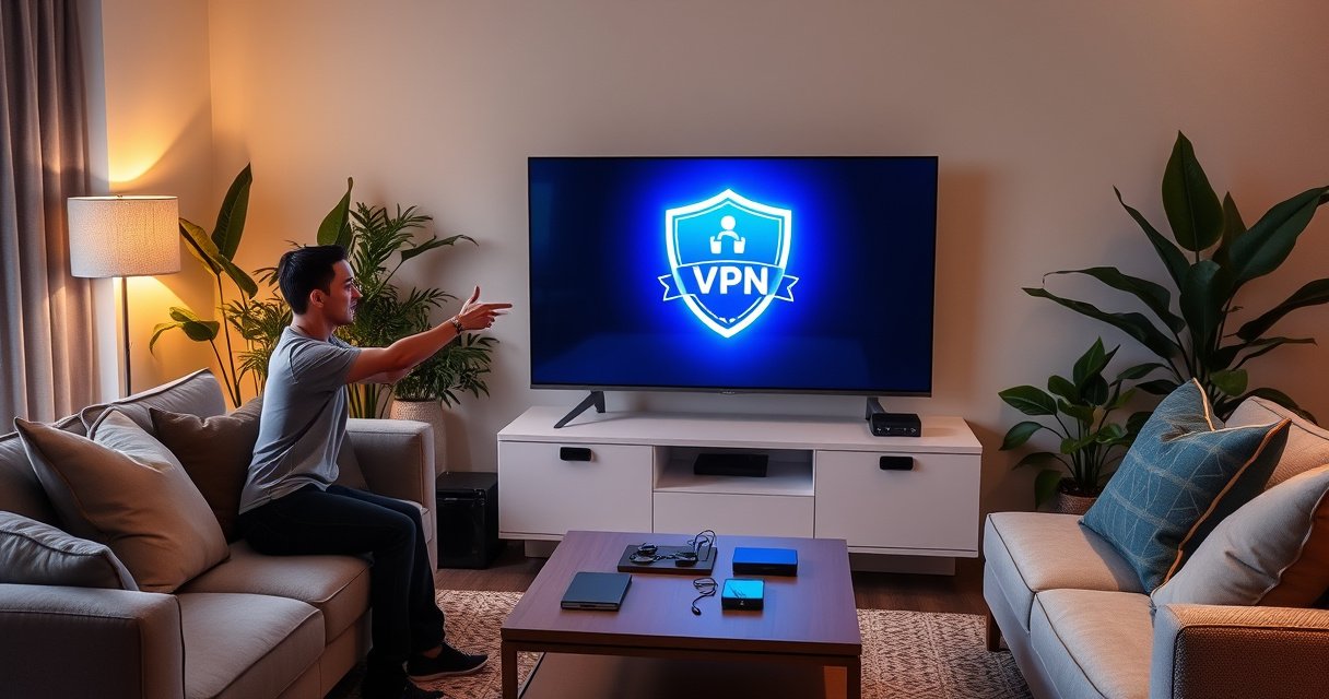 A cozy living room featuring a sleek smart TV displaying a vibrant VPN logo, surrounded by a comfortable couch and a coffee table with tech gadgets. Soft lighting creates a warm atmosphere, while a person gestures towards the TV, excitedly explaining the setup process. Green plants add a touch of freshness to the modern decor.