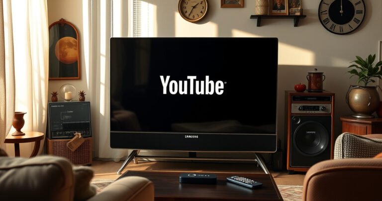 A sleek, retro Samsung Smart TV sits in a cozy living room, surrounded by vintage decor. The screen displays the YouTube logo, glowing warmly. Soft sunlight filters through sheer curtains, casting gentle shadows. A user-friendly remote rests nearby, inviting exploration. Subtle hints of nostalgia blend with modern technology, creating an inviting atmosphere for tech enthusiasts.