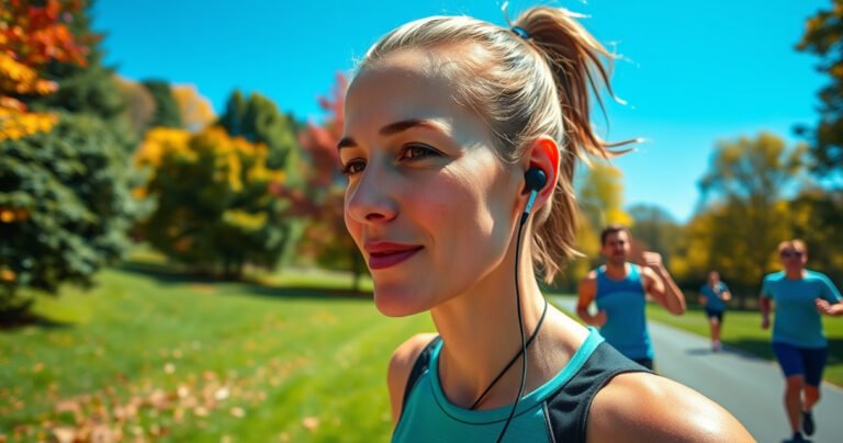 A close-up of a vibrant running trail winding through a lush green park, with a determined runner wearing snug earbuds, sweat glistening on their forehead. Surrounding them are colorful autumn leaves, a bright blue sky, and fellow joggers in motion, highlighting the energy and focus of a perfect running experience.
