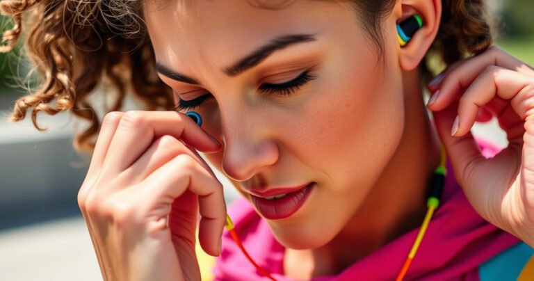 A close-up of a person adjusting colorful, stylish earbuds nestled comfortably in their ears, surrounded by vibrant workout gear and a sunny outdoor background. The focus is on the snug fit of the earbuds, with a hint of determination on the person's face, showcasing an active lifestyle and the joy of music on the go.