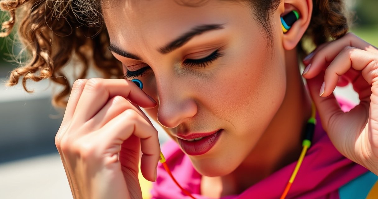 A close-up of a person adjusting colorful, stylish earbuds nestled comfortably in their ears, surrounded by vibrant workout gear and a sunny outdoor background. The focus is on the snug fit of the earbuds, with a hint of determination on the person's face, showcasing an active lifestyle and the joy of music on the go.
