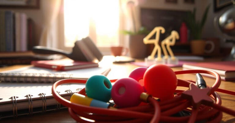 A close-up of colorful silicone earbud tips nestled in a cozy, inviting workspace adorned with notebooks and a steaming cup of coffee, sunlight streaming through a window, creating a warm atmosphere. In the background, a pair of headphones rest on a desk, suggesting a blend of comfort and functionality in everyday life.
