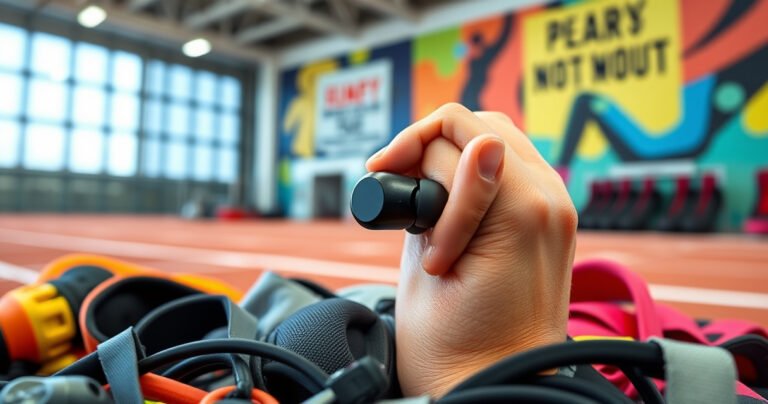 Close-up of a pair of sleek, modern wireless earbuds nestled in a colorful, chaotic environment of gym gear, with a vibrant backdrop of a running track and a motivational workout poster, showcasing a hand in motion demonstrating proper earbud placement, with dynamic lighting highlighting the earbuds' design and texture.