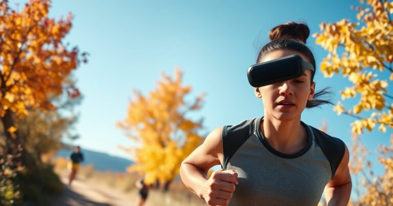 A dynamic scene of a determined runner in motion on a scenic trail, earbuds securely in place, vibrant autumn leaves swirling around. The runner's focused expression contrasts with the crisp blue sky, showcasing a close-up of the snug-fitting earbuds, emphasizing their sleek design against the backdrop of nature’s beauty and energy.