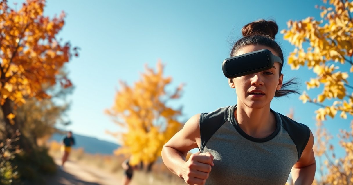 A dynamic scene of a determined runner in motion on a scenic trail, earbuds securely in place, vibrant autumn leaves swirling around. The runner's focused expression contrasts with the crisp blue sky, showcasing a close-up of the snug-fitting earbuds, emphasizing their sleek design against the backdrop of nature’s beauty and energy.