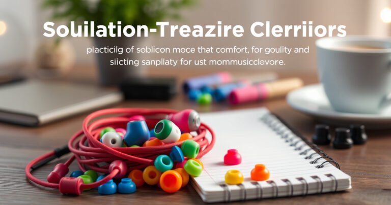 A close-up of colorful, stylish earbuds nestled in a vibrant array of soft silicone ear tip options, surrounded by a cozy workspace with a notepad and coffee cup, emphasizing practicality and comfort. The background features a warm, inviting atmosphere with soft lighting, creating a sense of solution-oriented creativity for music lovers.