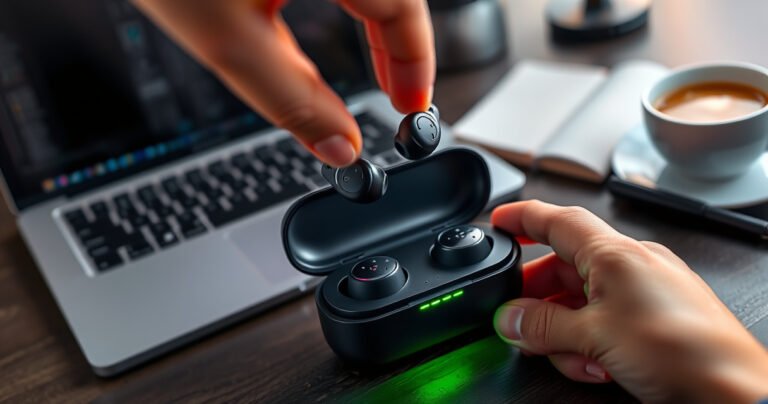A close-up view of a sleek pair of wireless earbuds nestled in their charging case, with vibrant battery indicator lights glowing green. A hand hovers nearby, delicately reaching towards the case, set against a modern workspace backdrop featuring a laptop, notepad, and a cup of coffee. Bright, inviting colors enhance the tech-savvy atmosphere.
