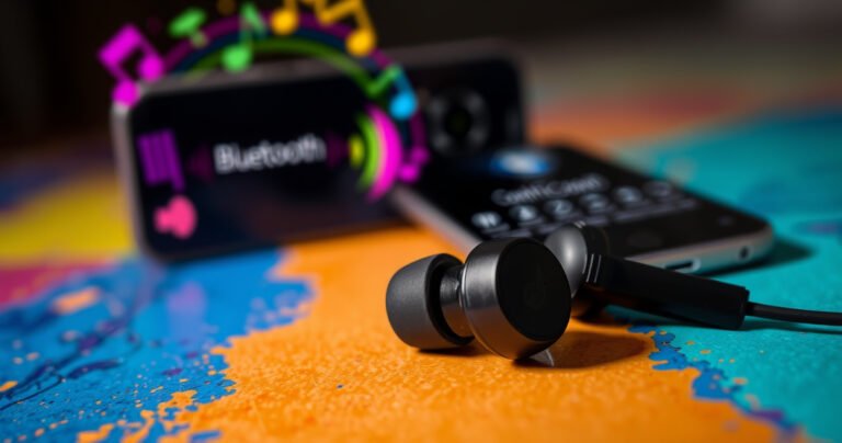 A close-up view of sleek Skullcandy earbuds resting on a vibrant, textured surface, with bright sound waves emanating from them. In the background, a smartphone displays a Bluetooth pairing screen, surrounded by playful, colorful graphics that represent sound and connectivity. The scene conveys energy, innovation, and modern technology.