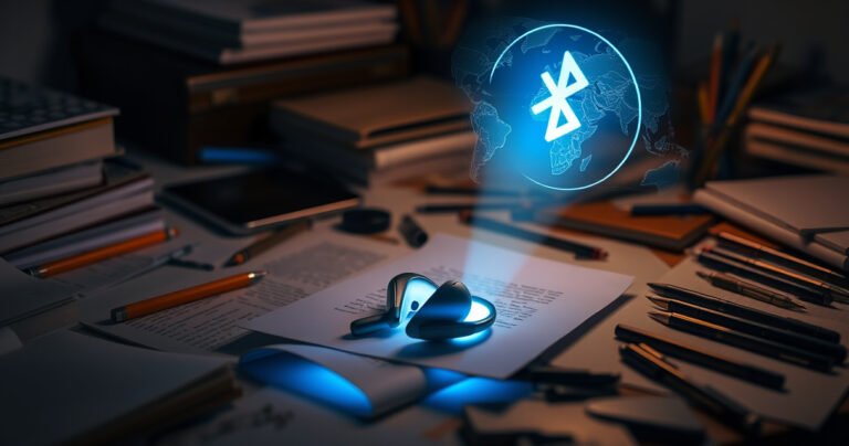 A cluttered desk with scattered items like books, pens, and a phone, while a glowing map with a Bluetooth signal icon hovers above, illuminating a pair of sleek, lost earbuds hidden beneath papers, surrounded by soft blue light. The atmosphere is tense yet hopeful, emphasizing the challenge of finding the elusive tech accessory.