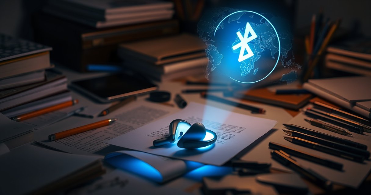 A cluttered desk with scattered items like books, pens, and a phone, while a glowing map with a Bluetooth signal icon hovers above, illuminating a pair of sleek, lost earbuds hidden beneath papers, surrounded by soft blue light. The atmosphere is tense yet hopeful, emphasizing the challenge of finding the elusive tech accessory.