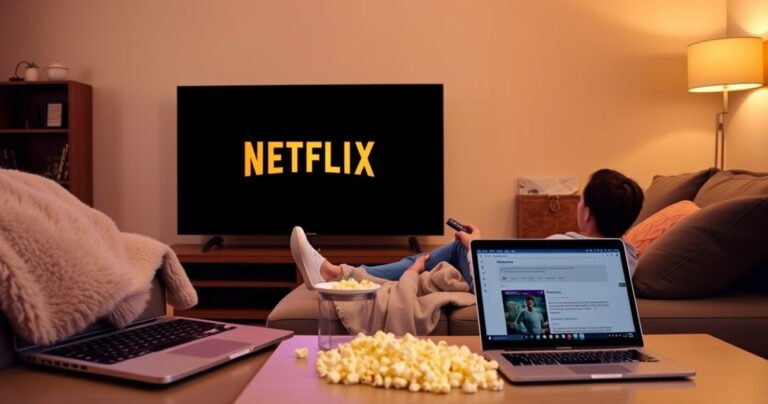 A cozy living room scene with a sleek Samsung Smart TV displaying the Netflix logo, a person casually lounging on a plush sofa, remote in hand, surrounded by popcorn and blankets, soft ambient lighting creating a warm atmosphere, a coffee table with a laptop open showing a tech article, emphasizing comfort and technology in harmony.