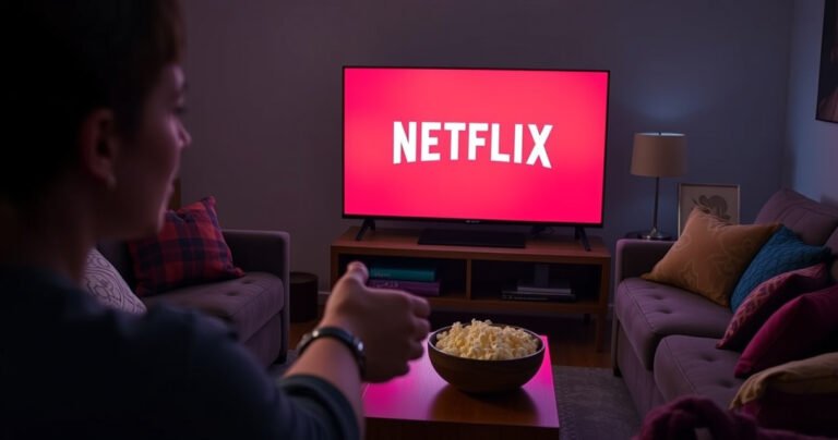 A cozy living room with an LG smart TV displaying the Netflix logo, surrounded by plush couches and colorful throw pillows. Dim lighting casts a warm glow, and a bowl of popcorn sits on a wooden coffee table. A person, slightly blurred, reaches towards the TV remote, creating an inviting atmosphere for a movie night.