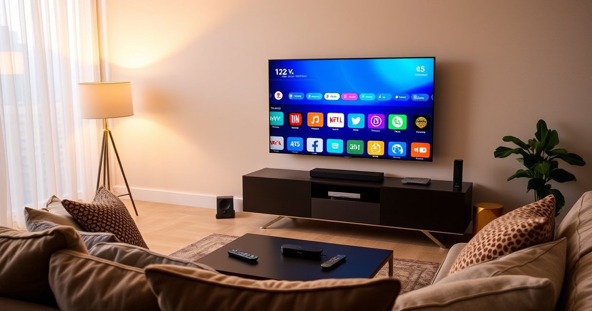 A sleek living room with a traditional TV transformed into a vibrant smart TV, displaying colorful app icons. Surrounding the TV, various gadgets like a streaming device, remote controls, and a cozy couch with throw pillows. Warm lighting illuminates the scene, fostering an inviting atmosphere, showcasing modern technology seamlessly integrated into everyday life.