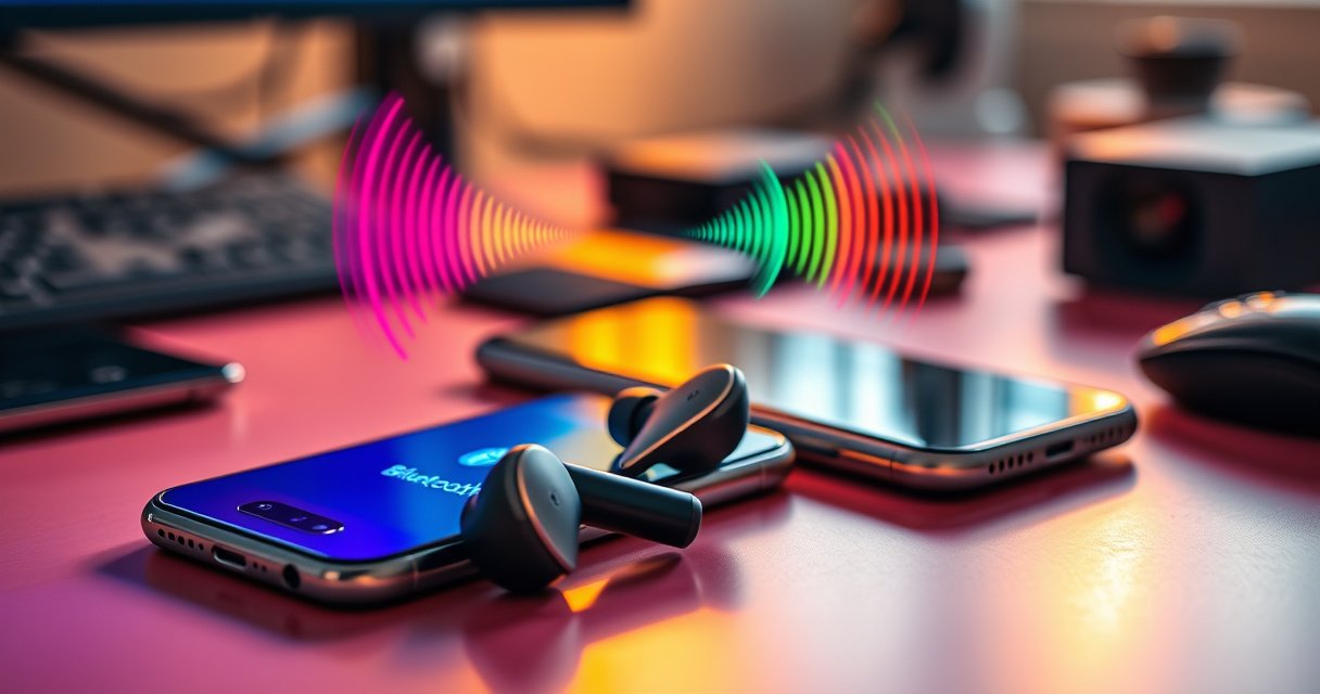 A close-up of a pair of sleek, wireless earbuds resting on a vibrant, modern desk surrounded by tech gadgets, with a glowing smartphone displaying a Bluetooth connection screen, and colorful soundwaves radiating from the earbuds, symbolizing connectivity and innovation, all bathed in warm, inviting light.