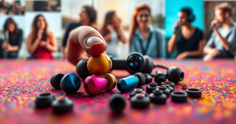 A close-up of colorful, stylish earbuds resting on a vibrant, textured surface, surrounded by various ear tip sizes and shapes. Soft light highlights their sleek design, while a hand adjusts an ear tip, conveying a sense of comfort and personalization. The background features softly blurred images of people enjoying music in different settings, emphasizing connection and sound.