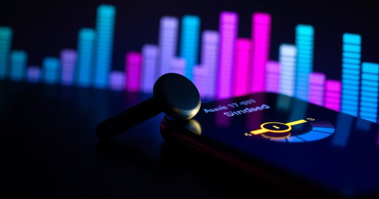 A close-up of sleek, modern earbuds resting on a vibrant, colorful soundwave background, with sound bars rising and falling in vivid hues of blue, pink, and green, while an illuminated iPhone displays a volume slider, showcasing an inviting, tech-savvy atmosphere filled with dynamic energy and accessibility, hinting at increased sound potential.