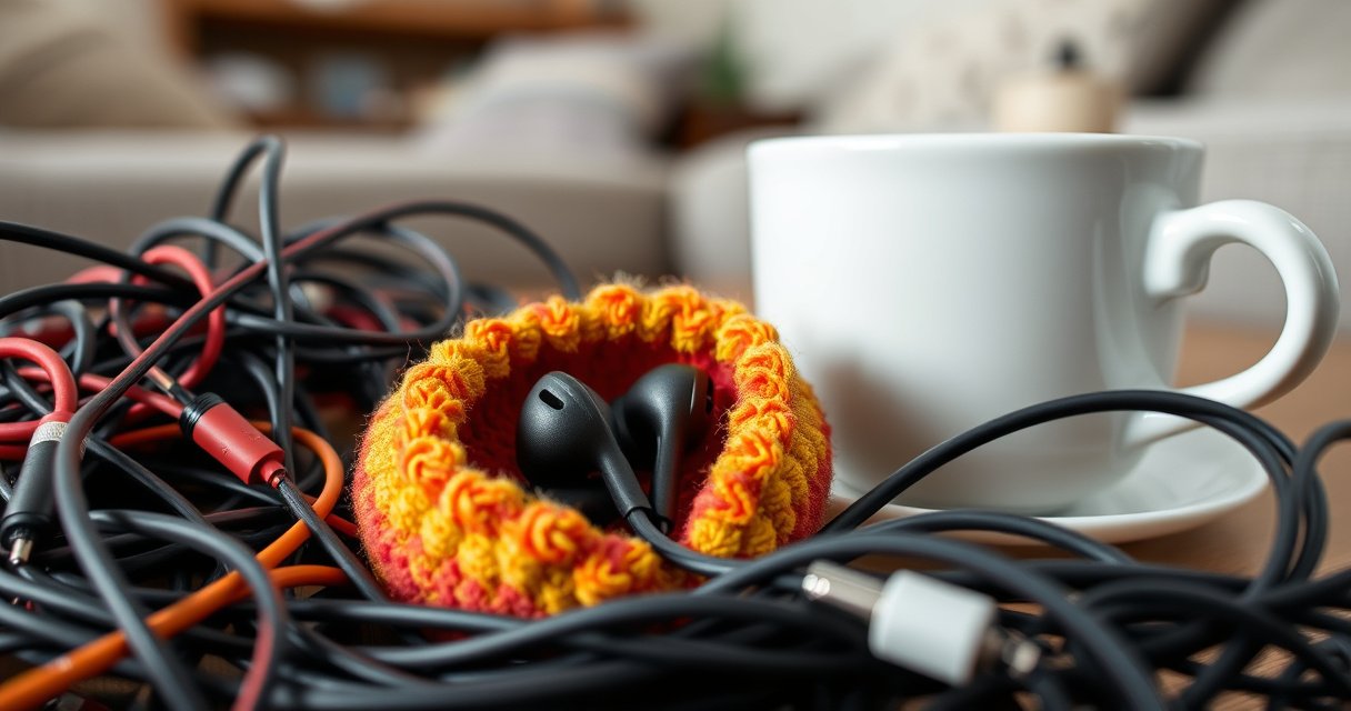 A close-up of colorful, snug-fitting earbuds nestled in a pair of vibrant, textured ear accessories, surrounded by a chaotic array of tangled wires, a cozy living room backdrop, and a coffee cup steaming gently nearby, showcasing a blend of practicality and comfort for music lovers seeking solutions to keep earbuds secure.
