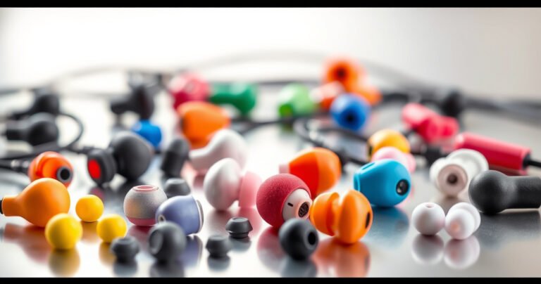A colorful close-up of diverse earbuds in various shapes and sizes displayed on a sleek, modern surface, surrounded by small, helpful accessories like ear tips and foam covers. Bright lighting highlights their textures, while an open hand gently adjusts one earbud, symbolizing comfort and fit. The background blurs softly, emphasizing the earbuds' details.