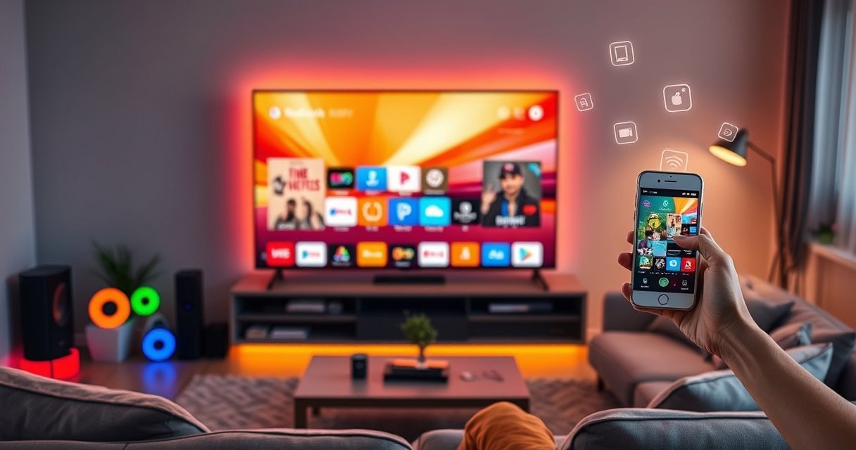 A sleek living room with a modern flat-screen TV, surrounded by colorful smart home devices and a cozy sofa. The TV displays a vibrant interface of streaming apps, while a friendly person holds a smartphone, showcasing a seamless connection. Warm lighting enhances the inviting atmosphere, with digital icons floating in the air, symbolizing technology and simplicity.