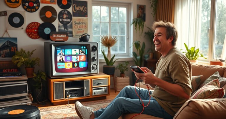 A retro living room with a vintage television, surrounded by nostalgic decor like vinyl records and potted plants. On the TV screen, a vibrant user interface showcases smart features like streaming apps, while a person connects devices with colorful cables, radiating excitement. Sunlight streams through a window, highlighting the blend of old and new technology.