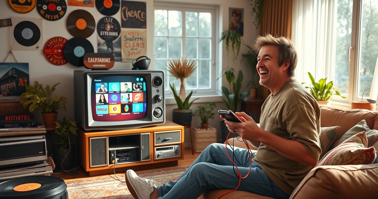 A retro living room with a vintage television, surrounded by nostalgic decor like vinyl records and potted plants. On the TV screen, a vibrant user interface showcases smart features like streaming apps, while a person connects devices with colorful cables, radiating excitement. Sunlight streams through a window, highlighting the blend of old and new technology.