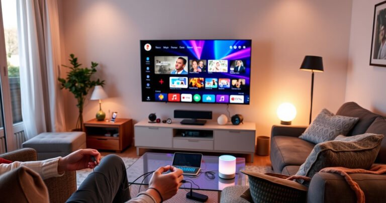 A modern living room featuring a sleek smart TV displaying vibrant streaming apps, surrounded by cozy furniture, warm lighting, and tech gadgets. A person is connecting devices with cables, while a digital assistant device glows softly nearby. The atmosphere is inviting and tech-savvy, showcasing an effortless home entertainment upgrade.