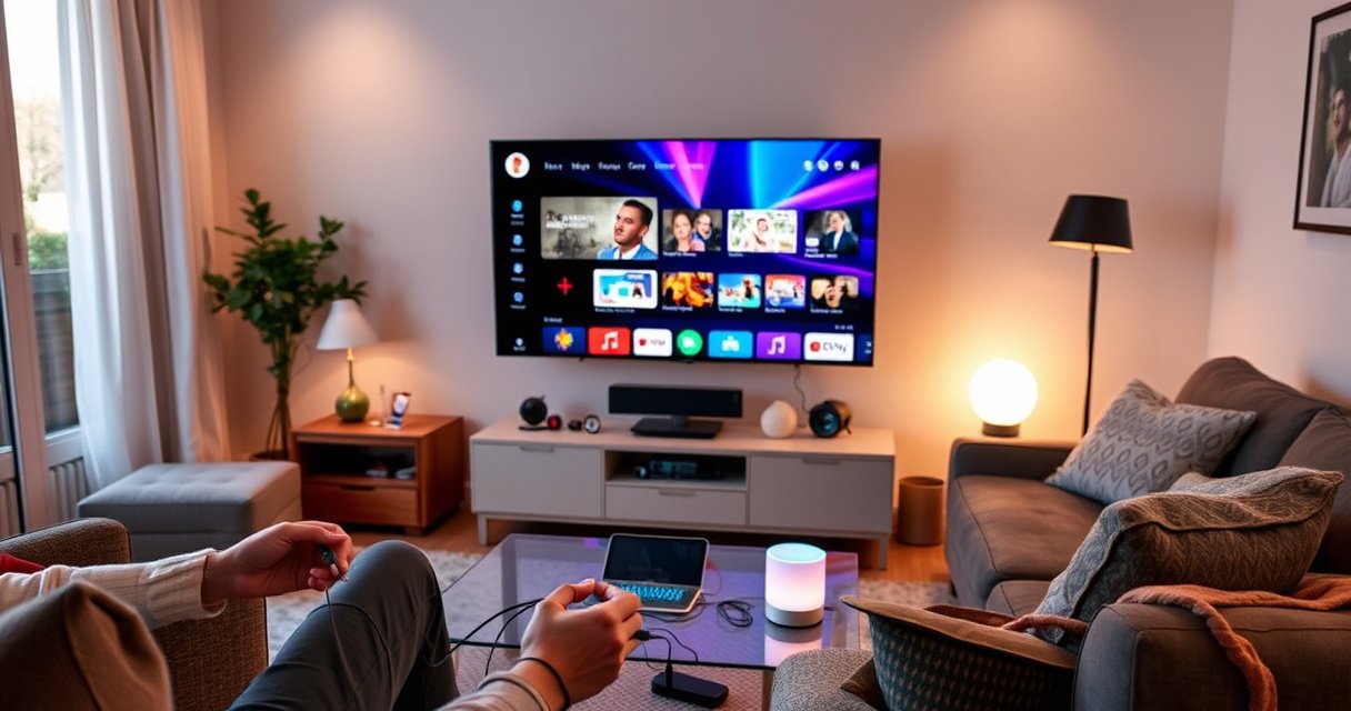 A modern living room featuring a sleek smart TV displaying vibrant streaming apps, surrounded by cozy furniture, warm lighting, and tech gadgets. A person is connecting devices with cables, while a digital assistant device glows softly nearby. The atmosphere is inviting and tech-savvy, showcasing an effortless home entertainment upgrade.