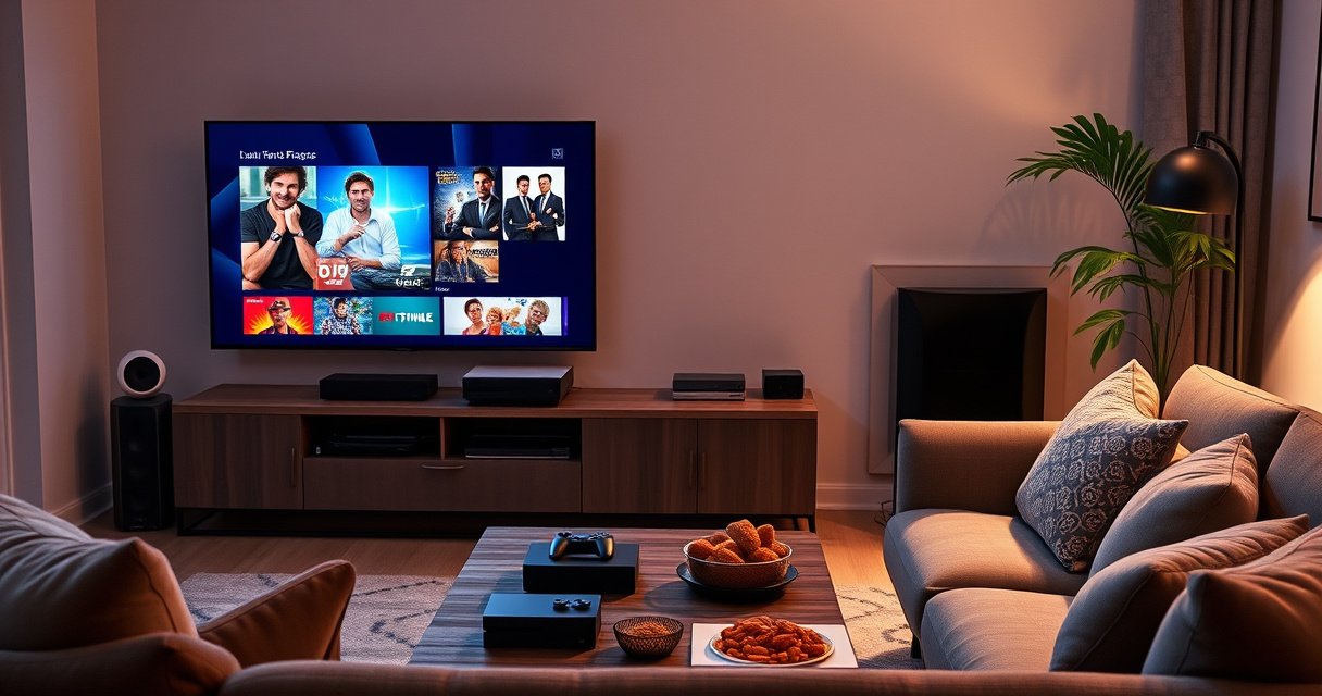 A cozy living room with a sleek smart TV displaying vibrant streaming content, surrounded by modern gadgets like a voice assistant and gaming console. Soft lighting highlights a stylish couch with plush cushions, while a coffee table holds remote controls and snacks, evoking a warm and inviting atmosphere perfect for tech-savvy viewers.