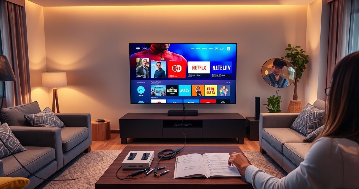A sleek modern living room featuring a large smart TV displaying vibrant streaming icons, surrounded by cozy furniture, a coffee table with tools and a manual open, warm ambient lighting highlighting the setup process, and a person enthusiastically connecting cables, creating an inviting and tech-savvy atmosphere for a step-by-step guide on smart TV installation.