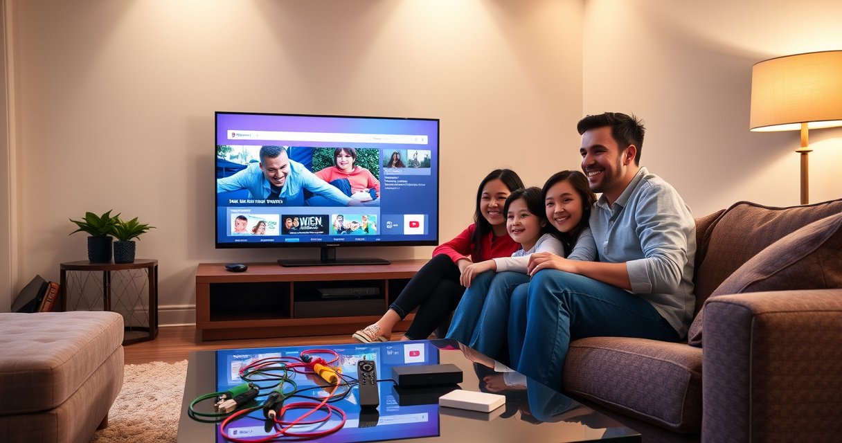 A cozy living room with a sleek, modern smart TV displaying vibrant streaming graphics. A joyful family sits together on a plush sofa, engaged in setting up their new device. Colorful cables and a remote control are scattered on a coffee table, with snacks nearby, reflecting a warm, inviting atmosphere of technology and family bonding.