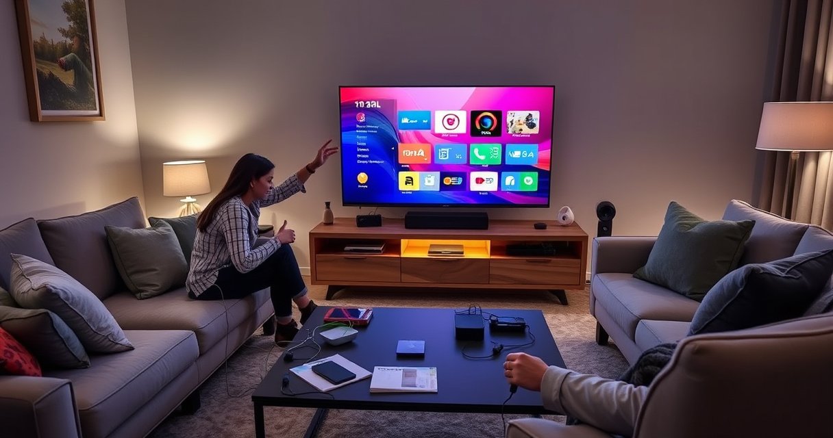 A sleek living room with a modern smart TV displaying a vibrant home screen, surrounded by cozy furniture. A person is enthusiastically connecting devices, with colorful cables and gadgets scattered nearby. Soft ambient lighting casts a warm glow, while a coffee table holds a smartphone and a user manual, creating an inviting atmosphere of tech-savvy transformation.