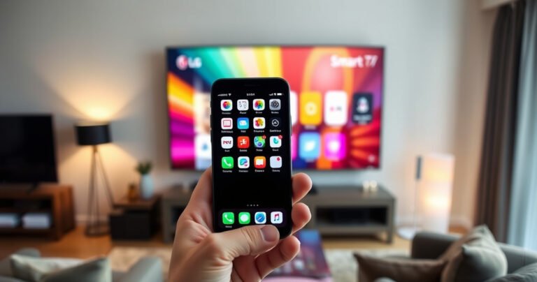 A sleek iPhone seamlessly mirroring its screen onto a vibrant LG Smart TV in a modern living room. The TV displays colorful app icons, while the iPhone is held by a person in the foreground, surrounded by cozy furniture, ambient lighting, and a hint of technology, symbolizing connectivity and ease of use.