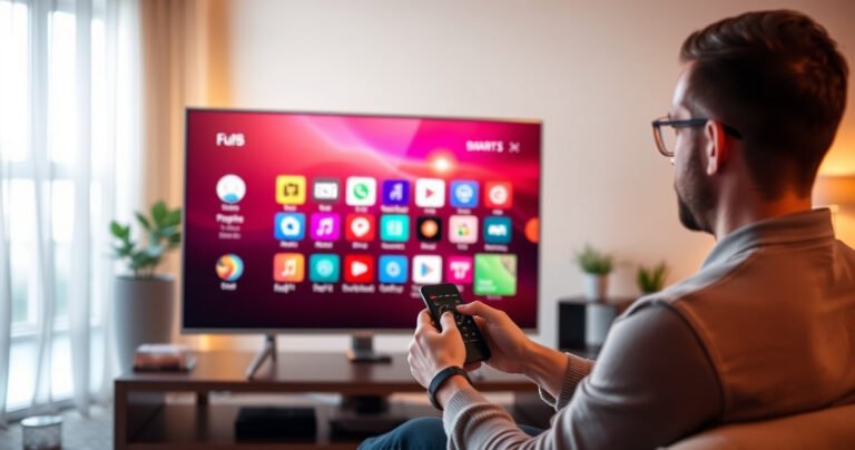 A sleek Samsung Smart TV glowing in a cozy living room, displaying a vibrant app interface with colorful icons. A person is thoughtfully rearranging apps using a remote, with a modern sofa and warm ambient lighting in the background, showcasing an inviting atmosphere focused on technology and home entertainment.