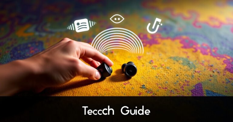 A sleek pair of stylish 2Boom earbuds resting on a vibrant, textured surface, surrounded by colorful sound waves and icons representing connectivity. A hand is gently reaching towards the earbuds, demonstrating the pairing process, illuminated by soft, ambient light, creating an inviting and tech-savvy atmosphere perfect for a modern tech guide.