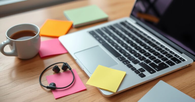 A bright, inviting workspace featuring a pair of Amazon Basics earbuds on a wooden desk next to a laptop. The earbuds are plugged into the laptop, surrounded by vibrant sticky notes and a steaming cup of coffee, creating a cozy, tech-savvy atmosphere that conveys ease and accessibility in learning.