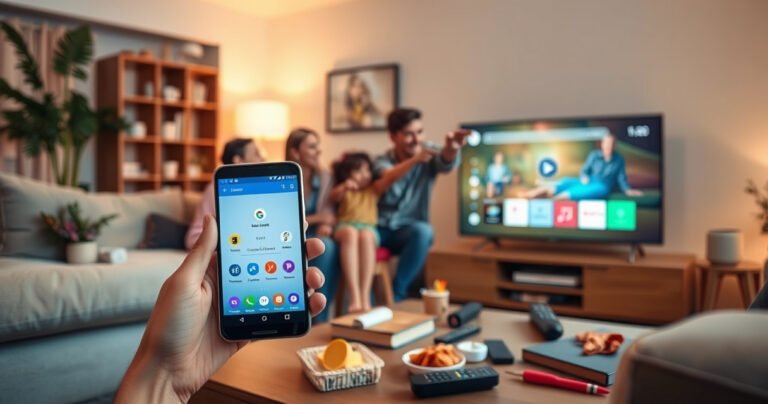 A vibrant living room scene with a sleek Android phone and a modern smart TV displaying a connection interface. Soft ambient lighting enhances the cozy atmosphere, while a family gathers excitedly, pointing at the screen. A coffee table cluttered with snacks and remote controls adds a casual touch, inviting viewers to explore seamless tech integration.