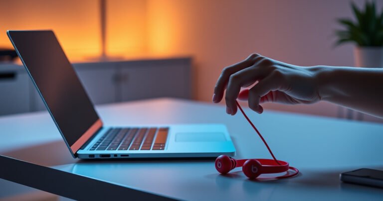 A sleek laptop on a minimalist desk, with vibrant Beats earbuds resting beside it, illuminated by soft, ambient lighting. The scene showcases a focused user’s hands reaching for the earbuds, with colorful sound waves visually emanating from the devices, symbolizing connection and technology in harmony. A warm, inviting atmosphere enhances the modern workspace.