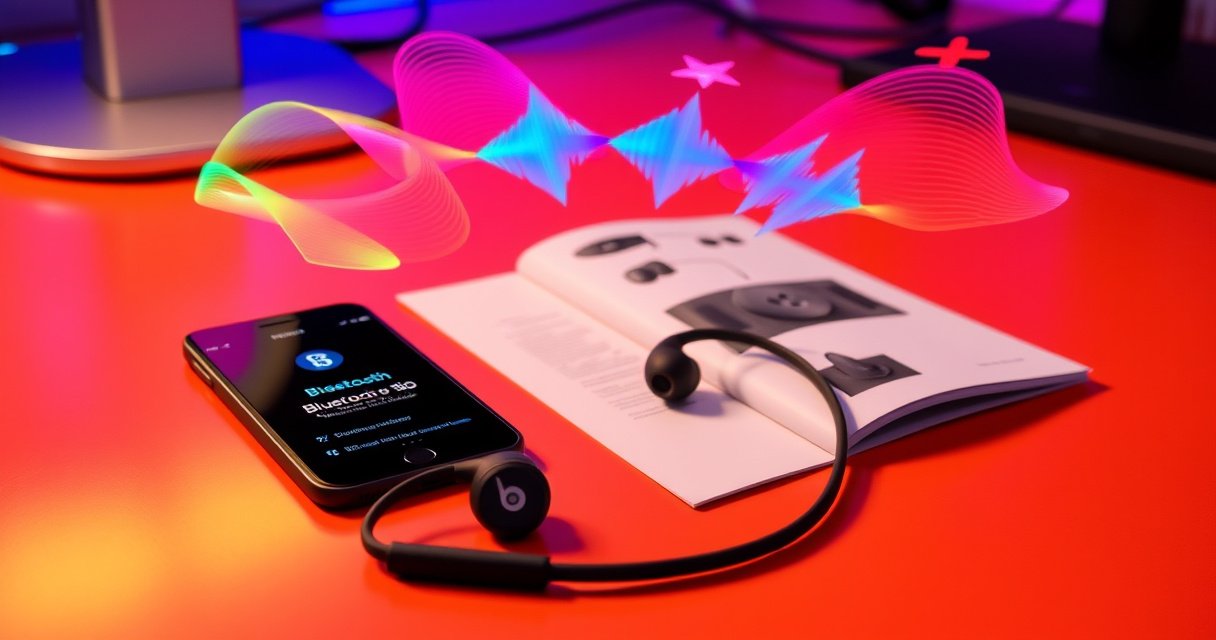 A sleek pair of Beats Flex earbuds resting on a vibrant, modern desk, surrounded by a smartphone displaying Bluetooth settings, an open user manual, and colorful soundwave graphics swirling around them, capturing the essence of music and technology, with soft ambient lighting creating a stylish and inviting atmosphere.