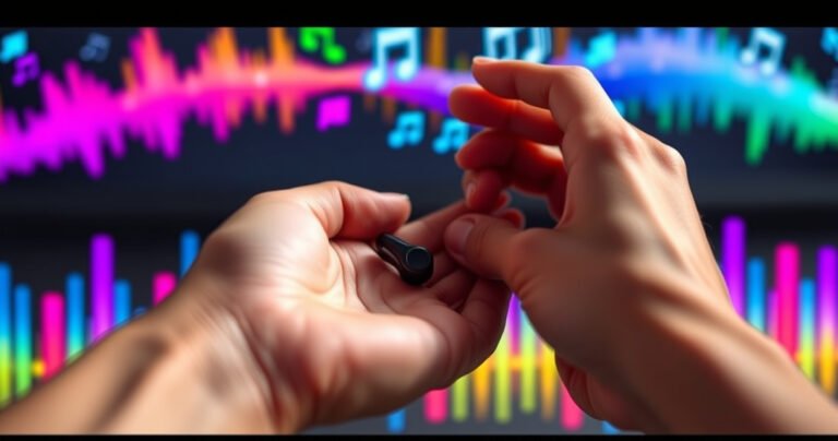 A close-up of a hand effortlessly connecting sleek, modern Billboard earbuds to a smartphone, set against a vibrant backdrop of colorful sound waves and digital icons symbolizing Bluetooth technology. The scene captures a sense of connectivity and modern lifestyle, with soft lighting highlighting the earbuds' design and the animated energy of music in the air.