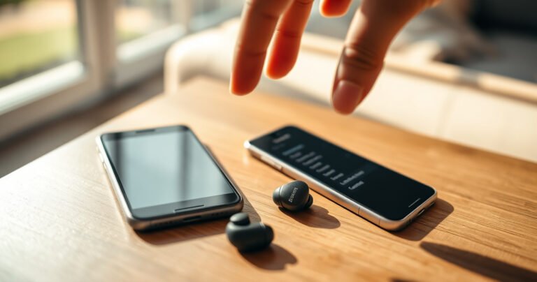 A sleek pair of Bose earbuds resting on a wooden table, surrounded by a smartphone displaying a Bluetooth settings menu. Soft morning light filters through a nearby window, casting delicate shadows. A hand reaches towards the earbuds, conveying a sense of anticipation and ease, with a subtle hint of a cozy, modern living space in the background.