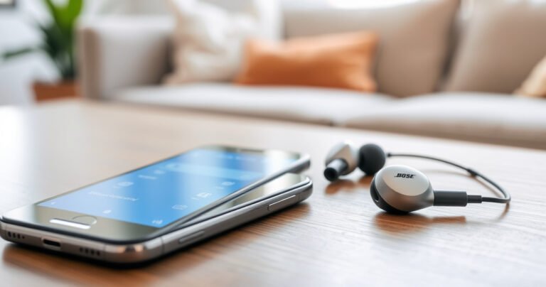 A sleek, modern iPhone rests on a wooden table, its screen glowing with vibrant Bluetooth settings. Next to it, a pair of stylish Bose earbuds lie elegantly, their contours reflecting soft ambient light. A cozy living room ambiance surrounds them, with a hint of greenery in the background, suggesting a seamless blend of technology and comfort.