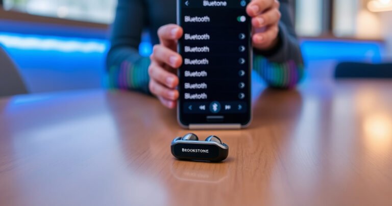 A close-up of stylish Brookstone earbuds resting on a sleek wooden table, surrounded by vibrant sound waves illustrated in colorful arcs, with a smartphone displaying Bluetooth settings in the background. Soft, ambient lighting enhances the modern, tech-savvy atmosphere, while a pair of hands gracefully demonstrate the pairing process.