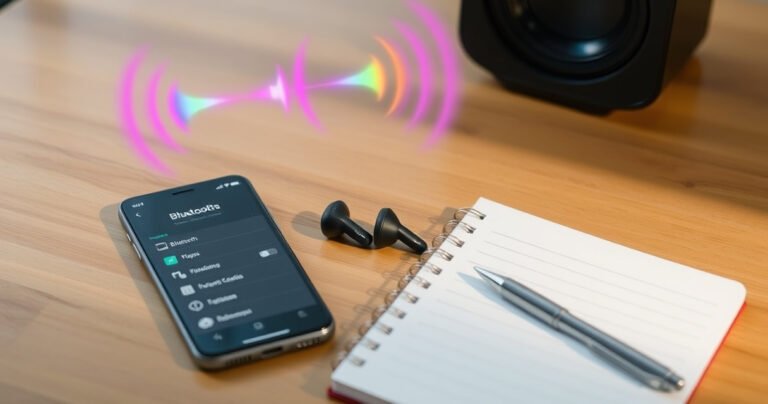 A sleek pair of Dime earbuds resting on a wooden table, surrounded by vibrant sound waves visually emanating from them, with a smartphone displaying the Bluetooth settings screen nearby. Soft, ambient light highlights the earbuds' design, while a notebook and pen lie beside, suggesting a quick tutorial in progress.