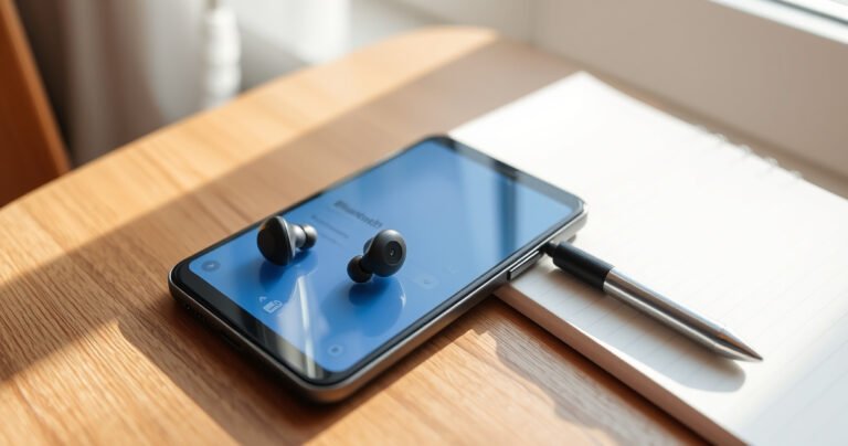A close-up of sleek Galaxy Earbuds resting on a stylish wooden table, surrounded by a smartphone displaying the Bluetooth settings screen. Soft morning light filters through a window, casting gentle shadows, while a neatly arranged notebook and a pen hint at a tech-savvy setup process, inviting readers to dive into the pairing journey.