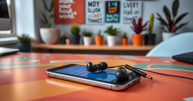 A sleek pair of Indy Fuel earbuds resting on a vibrant, modern desk, surrounded by a smartphone displaying a Bluetooth settings menu, glowing softly. In the background, a cozy workspace with colorful plants and motivational quotes on the wall, creating an inviting atmosphere for tech enthusiasts eager to enhance their audio experience.