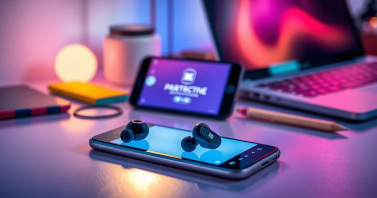 A sleek pair of JBL earbuds resting on a vibrant, modern workspace, surrounded by colorful tech gadgets like a smartphone and laptop, with soft, ambient lighting creating a cozy atmosphere. The earbuds are connected to a glowing screen displaying pairing instructions, emphasizing a seamless, user-friendly experience.