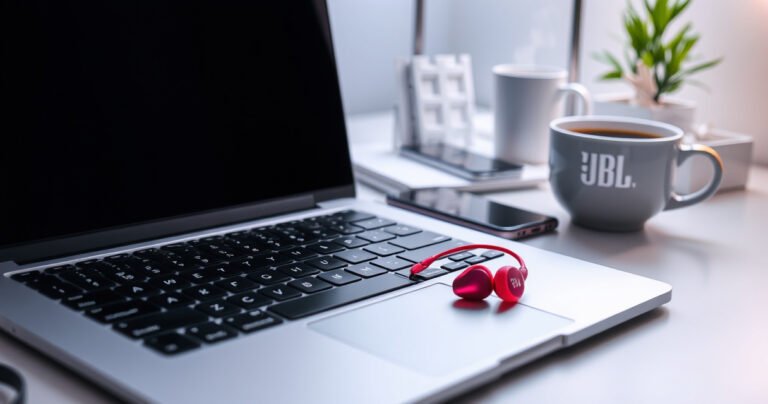A stylish workspace featuring a modern laptop with vibrant JBL earbuds resting beside it, surrounded by soft, diffused lighting. The background includes a sleek desk organizer with smartphone and notepad, and a cozy atmosphere created by a steaming cup of coffee and a small indoor plant, inviting a sense of productivity and tech-savviness.