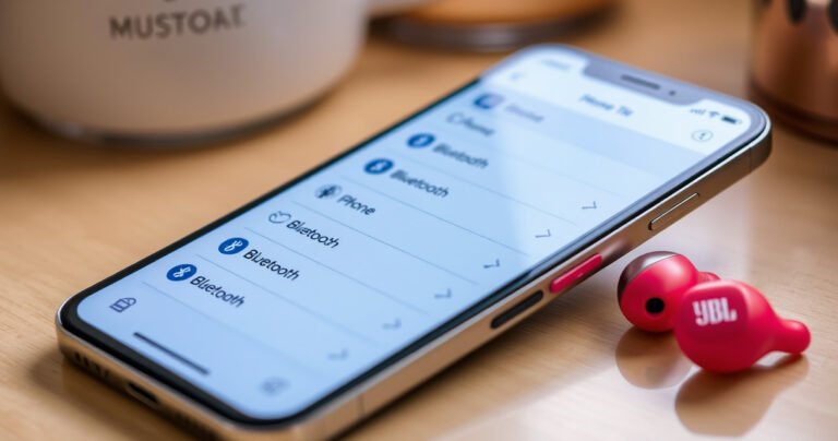 A sleek, modern iPhone displaying the Bluetooth menu, vibrant JBL earbuds nearby, their glossy finish reflecting light. A soft, inviting background of a cozy workspace with warm tones, a subtle hint of music notes floating around, symbolizing connectivity and sound, capturing the essence of seamless technology integration in everyday life.