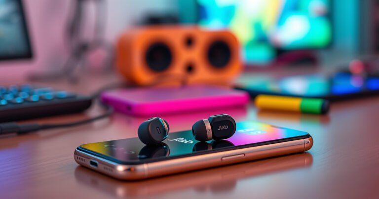 A close-up view of sleek JLab earbuds resting on a vibrant, modern smartphone, displaying a glowing Bluetooth connection screen. The background features a softly blurred, tech-inspired workspace with colorful gadgets and ambient lighting, conveying a sense of ease and modern connectivity, inviting the viewer into the world of seamless audio experiences.