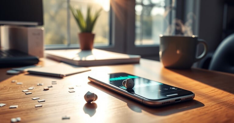 A modern workspace featuring sleek JLab earbuds resting on a wooden desk beside a glowing smartphone, both displaying colorful sound waves. Sunlight streams through a nearby window, illuminating scattered notes and a steaming coffee cup, creating a warm, inviting atmosphere that embodies the excitement of connectivity and technology.